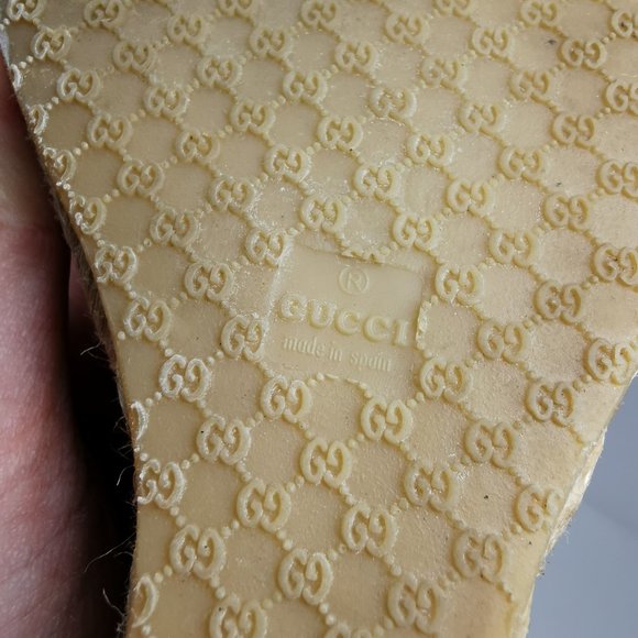 Gucci Black Patent Leather Wedge Platform Peep Toe Sandal GG Embossed Logo Heels - Picture 14 of 14